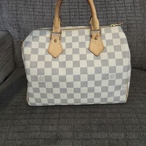 Louis Vuitton Speedy Azur Checkered Designer Handbag - Cream and Tan